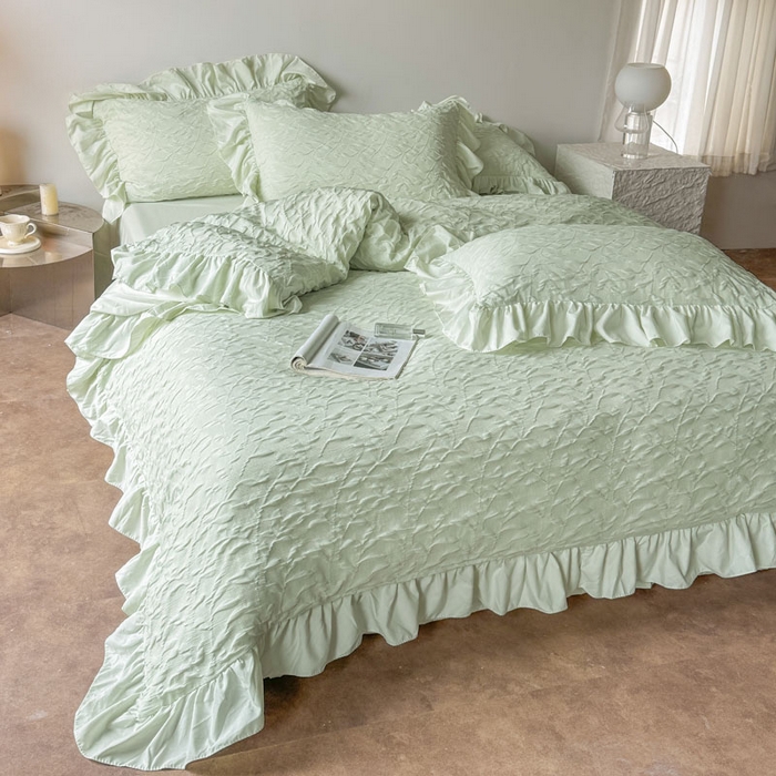 91家纺网 家纺一手货源 找家纺 豪美鑫 2026新款立体浮雕提花四件套 叶语系列 叶语-绿色