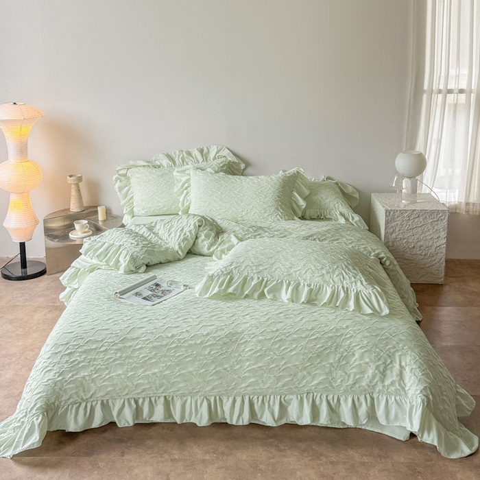 91家纺网 家纺一手货源 找家纺 豪美鑫 2026新款立体浮雕提花四件套 叶语系列 叶语-绿色