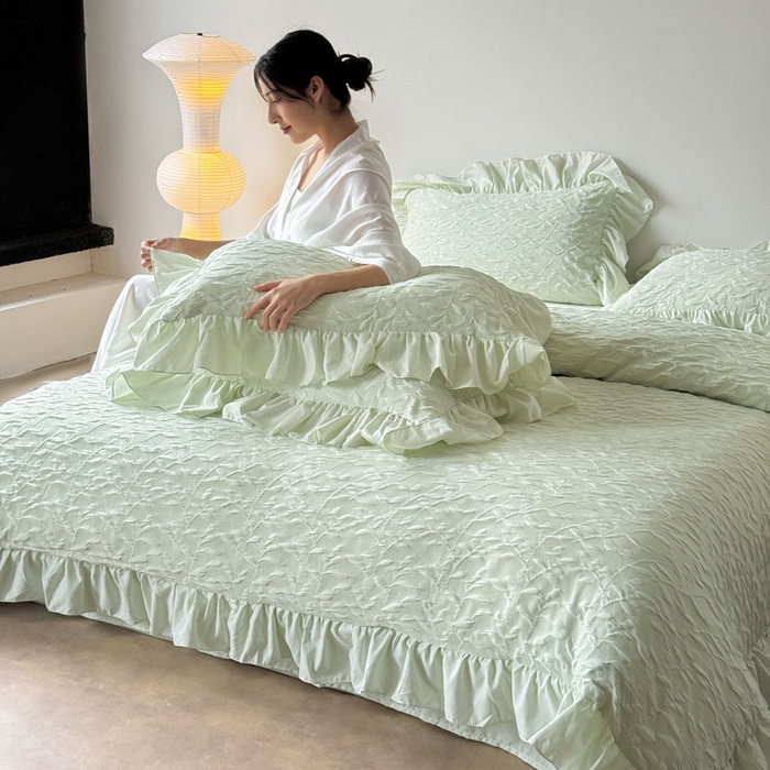 91家纺网 家纺一手货源 找家纺 豪美鑫 2026新款立体浮雕提花四件套 叶语系列 叶语-绿色