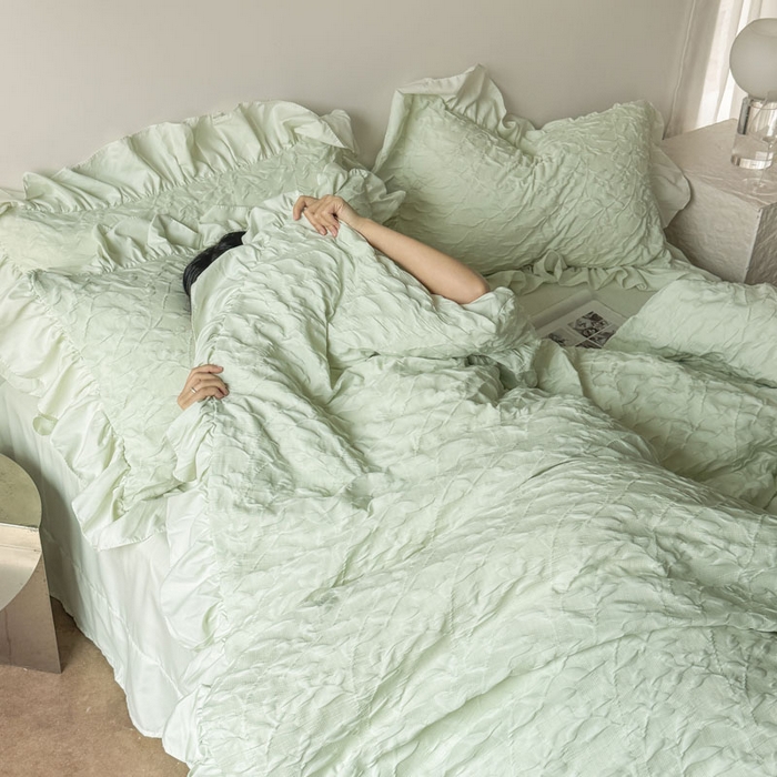 91家纺网 家纺一手货源 找家纺 豪美鑫 2026新款立体浮雕提花四件套 叶语系列 叶语-绿色