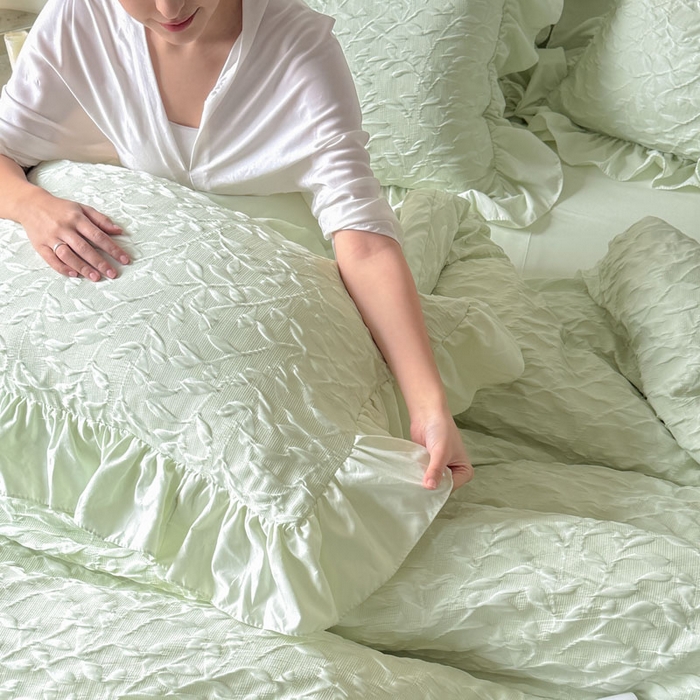 91家纺网 家纺一手货源 找家纺 豪美鑫 2026新款立体浮雕提花四件套 叶语系列 叶语-绿色