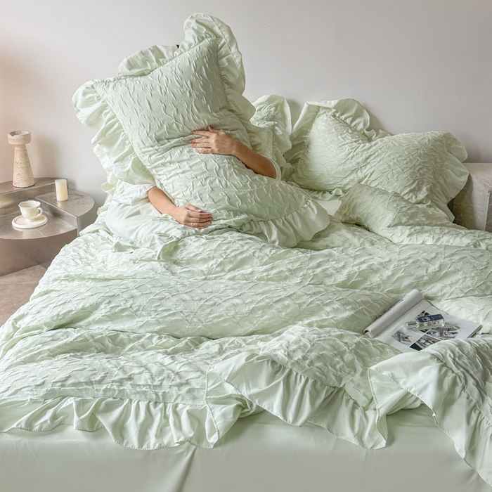 91家纺网 家纺一手货源 找家纺 豪美鑫 2026新款立体浮雕提花四件套 叶语系列 叶语-绿色