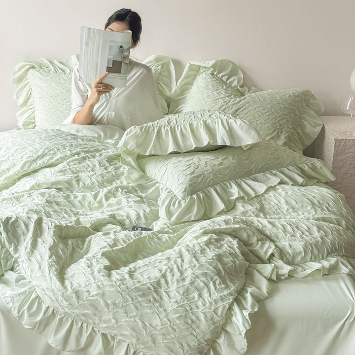 91家纺网 家纺一手货源 找家纺 豪美鑫 2026新款立体浮雕提花四件套 叶语系列 叶语-绿色