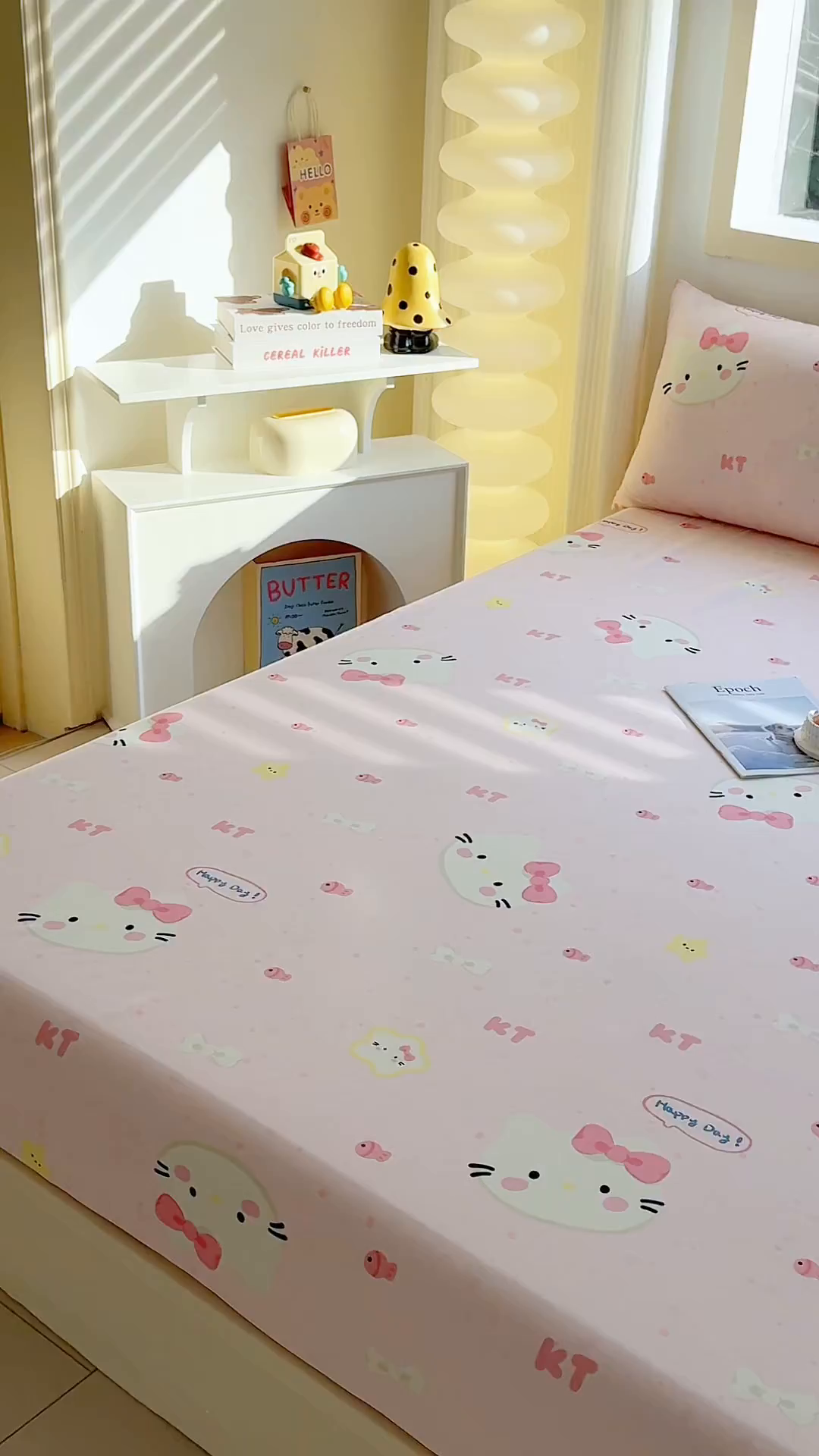 91家纺网 家纺一手货源 找家纺 小蓝孩家纺 2026新款12868全棉印花单床笠(联系商家可打折，尺寸可定制) 甜心猫咪