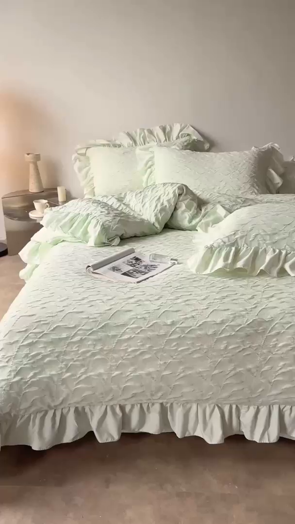 91家纺网 家纺一手货源 找家纺 豪美鑫 2026新款立体浮雕提花四件套 叶语系列 叶语-绿色