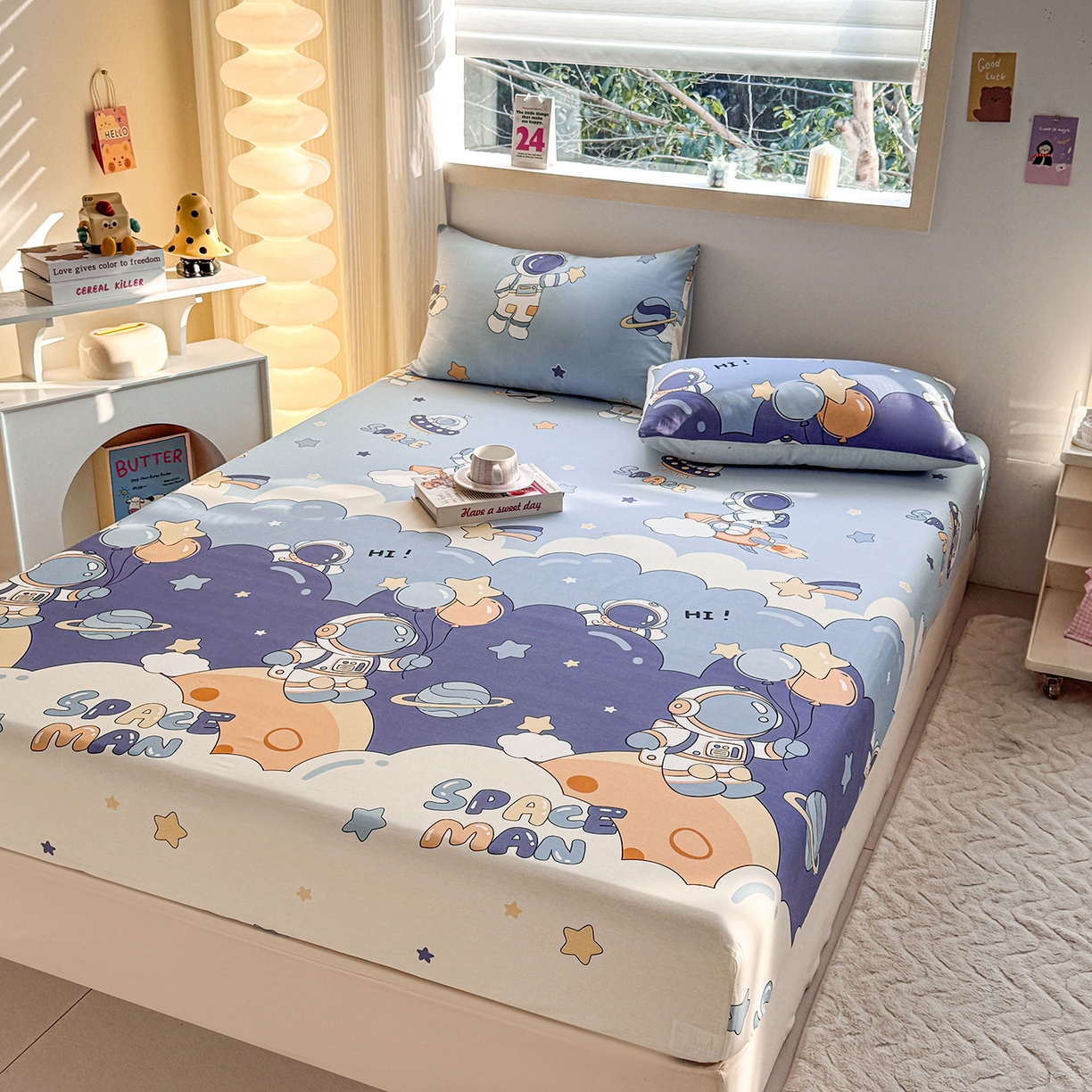 91家纺网 家纺一手货源 找家纺 小蓝孩家纺 2026新款12868全棉印花单床笠(联系商家可打折，尺寸可定制) 太空梦乐园