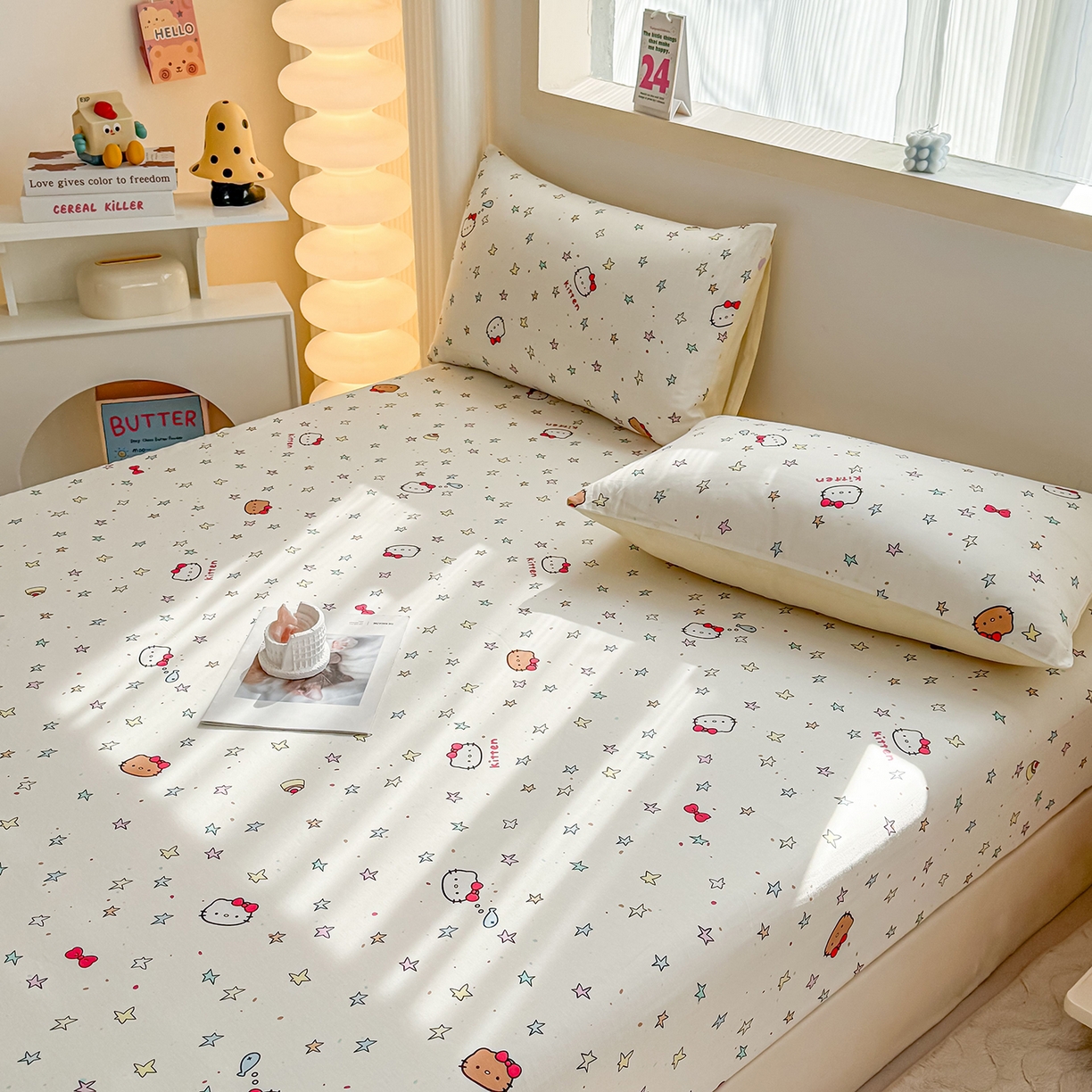 91家纺网 家纺一手货源 找家纺 小蓝孩家纺 2026新款12868全棉印花单床笠(联系商家可打折，尺寸可定制) 星星凯蒂猫