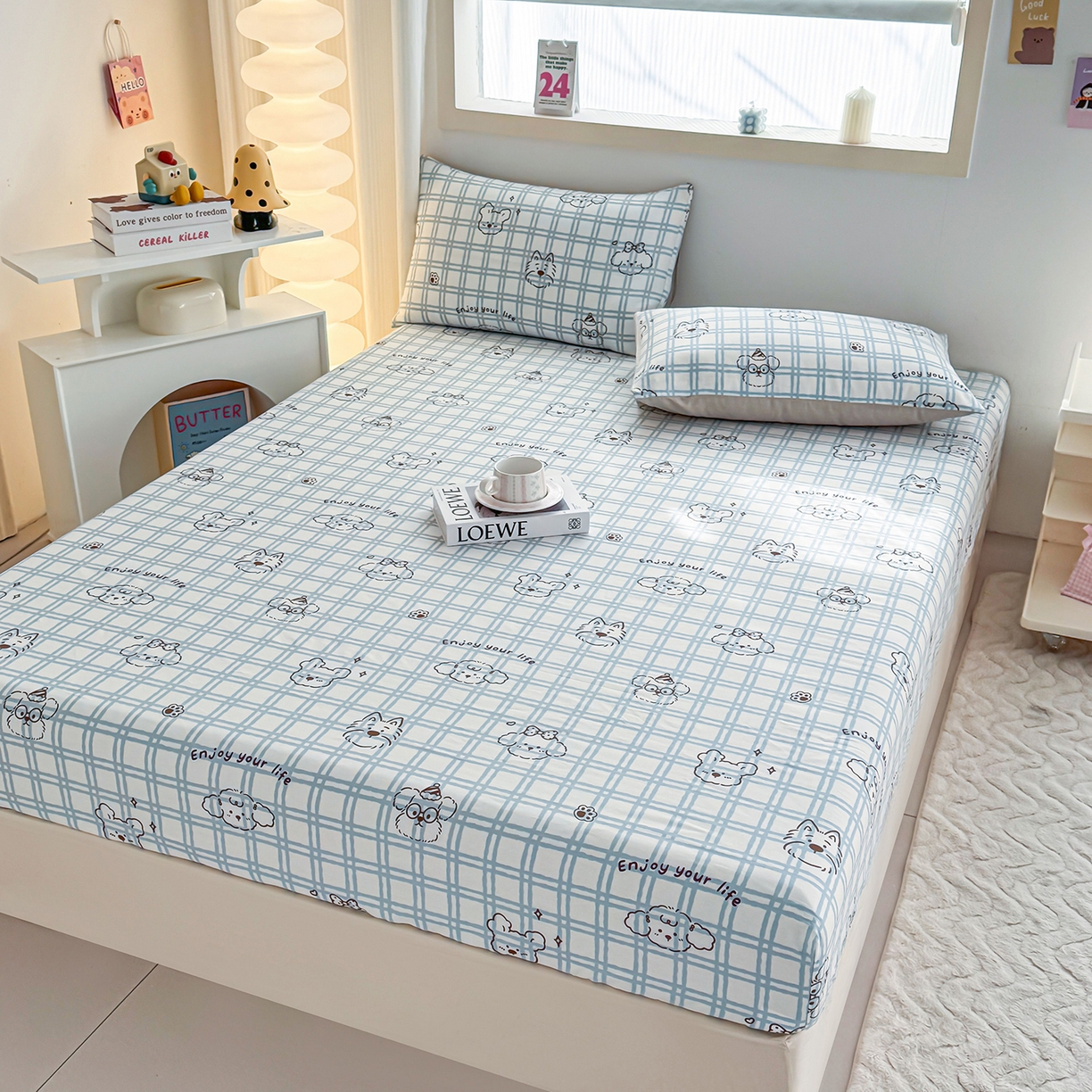 91家纺网 家纺一手货源 找家纺 小蓝孩家纺 2026新款12868全棉印花单床笠(联系商家可打折，尺寸可定制) 忧郁棕熊