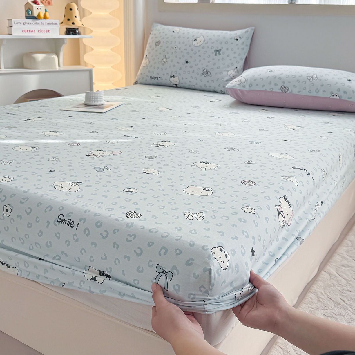 91家纺网 家纺一手货源 找家纺 小蓝孩家纺 2026新款12868全棉印花单床笠(联系商家可打折，尺寸可定制) 豹纹猫咪