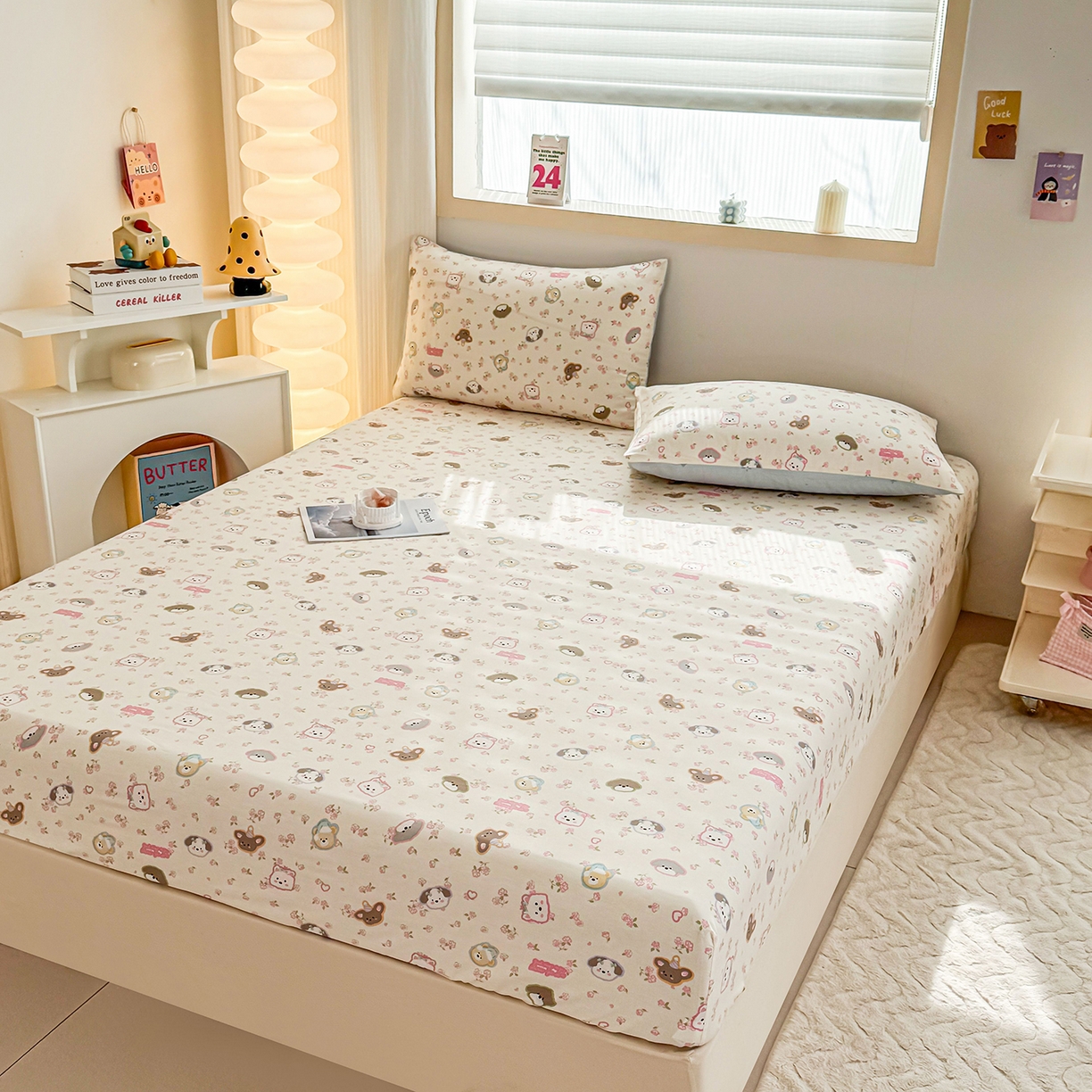 91家纺网 家纺一手货源 找家纺 小蓝孩家纺 2026新款12868全棉印花单床笠(联系商家可打折，尺寸可定制) 萌宠伙伴