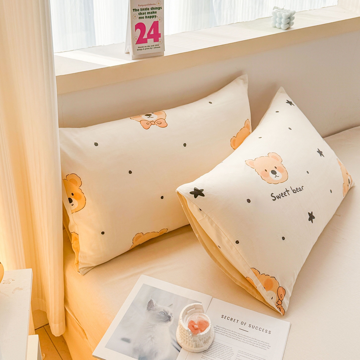 91家纺网 家纺一手货源 找家纺 小蓝孩家纺 2026新款12868全棉单人信封枕套(联系商家可打折，尺寸可定制) 领结熊宝