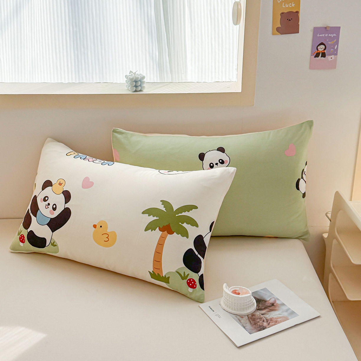 小蓝孩家纺 2026新款12868全棉单人信封枕套(联系商家可打折，尺寸可定制) 熊猫鸭鸭乐-绿