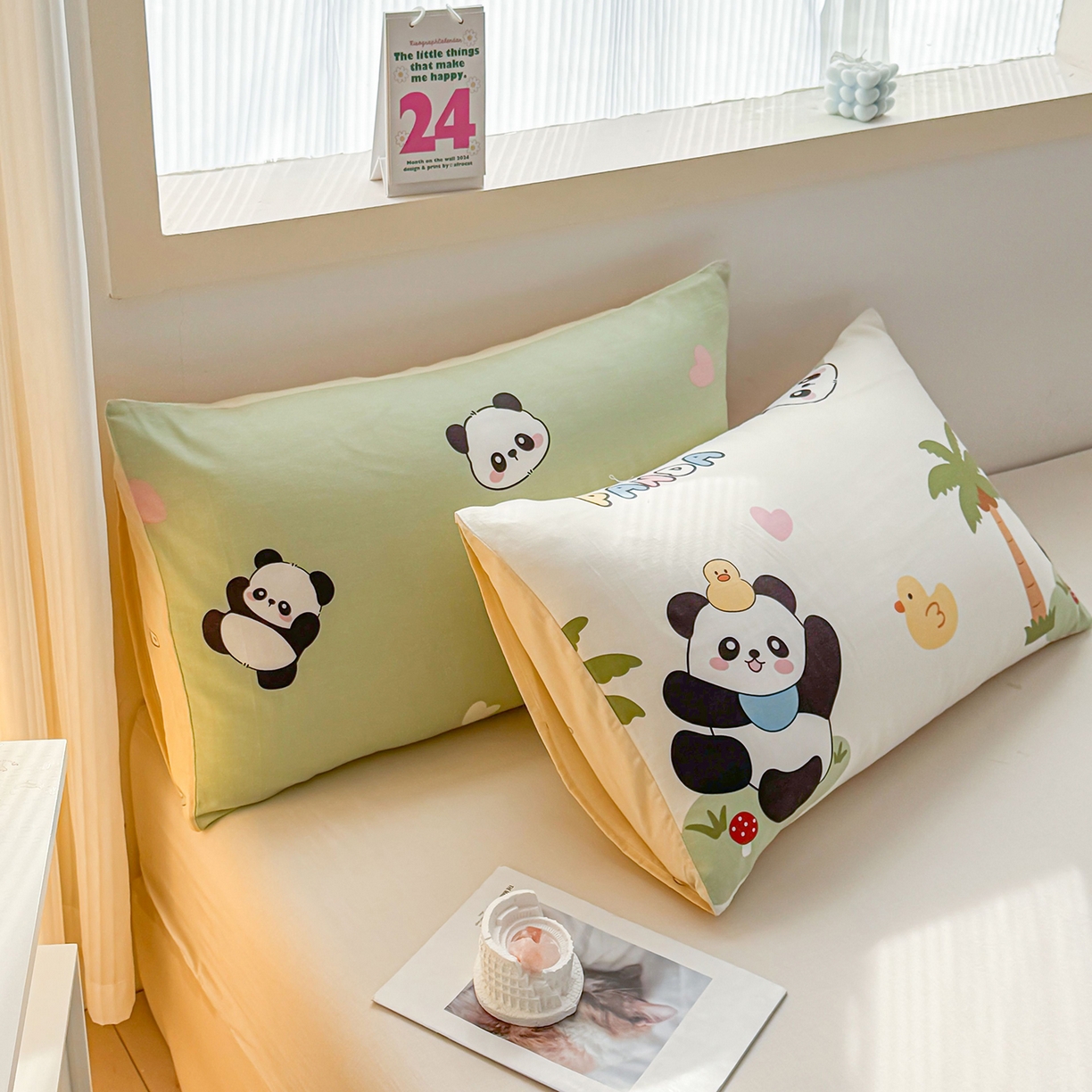 91家纺网 家纺一手货源 找家纺 小蓝孩家纺 2026新款12868全棉单人信封枕套(联系商家可打折，尺寸可定制) 熊猫鸭鸭乐-绿