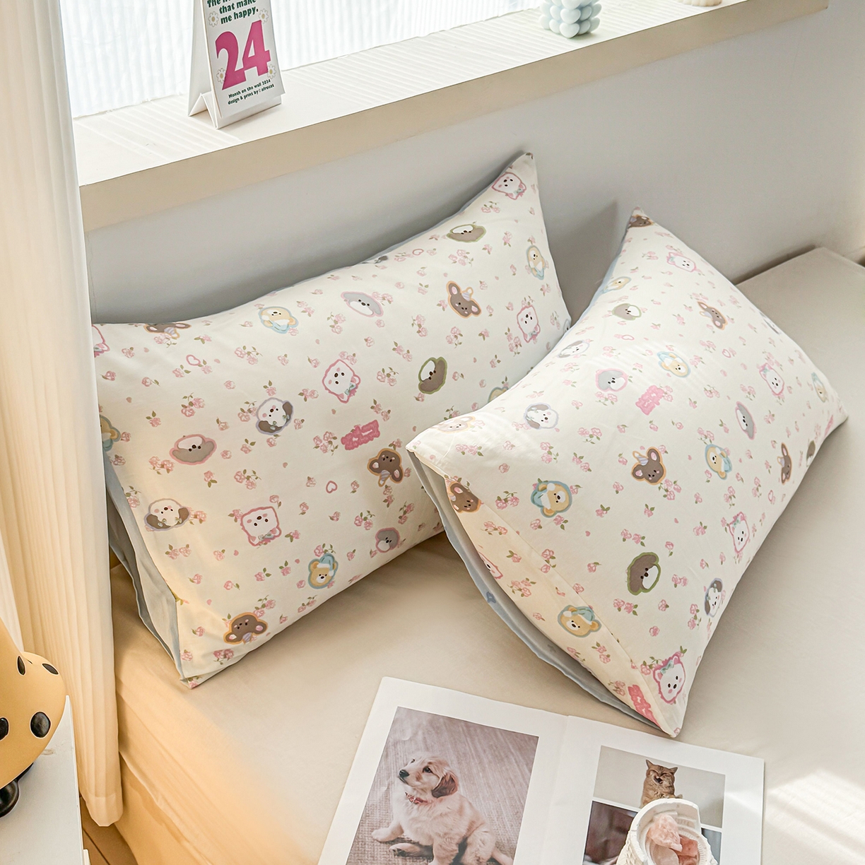 91家纺网 家纺一手货源 找家纺 小蓝孩家纺 2026新款12868全棉单人信封枕套(联系商家可打折，尺寸可定制) 萌宠伙伴