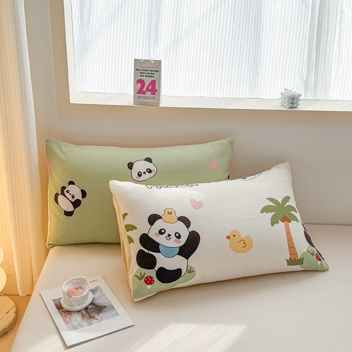 91家纺网 家纺一手货源 找家纺 小蓝孩家纺 2026新款12868全棉单人信封枕套(联系商家可打折，尺寸可定制) 熊猫鸭鸭乐-绿