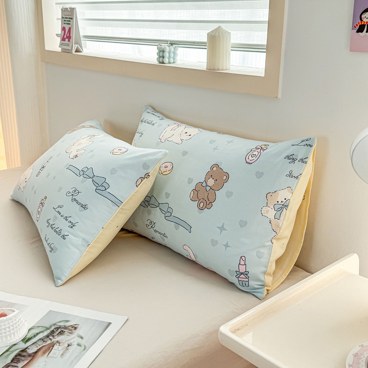 91家纺网 家纺一手货源 找家纺 小蓝孩家纺 2026新款12868全棉单人信封枕套(联系商家可打折，尺寸可定制) 奶油阿布-蓝