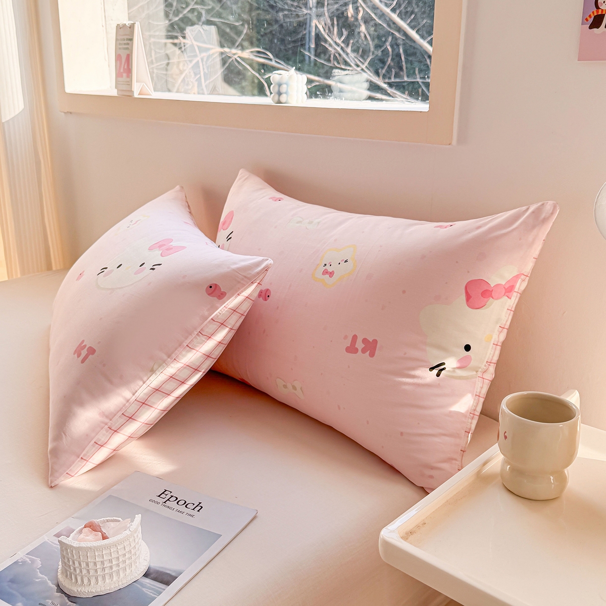 91家纺网 家纺一手货源 找家纺 小蓝孩家纺 2026新款12868全棉单人信封枕套(联系商家可打折，尺寸可定制) 甜心猫咪
