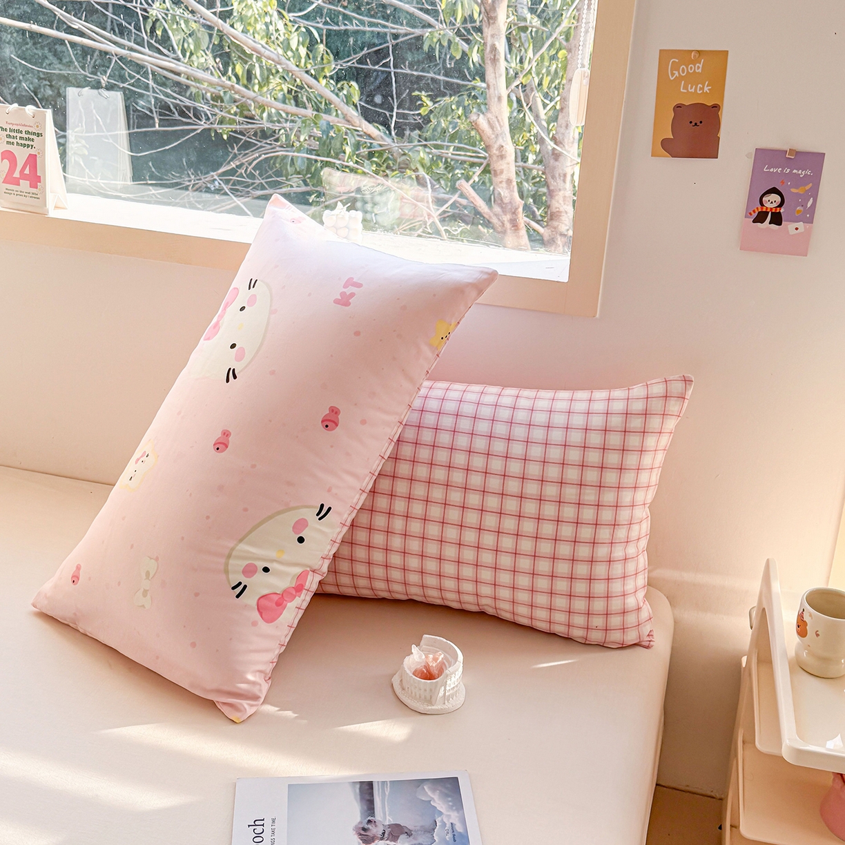 91家纺网 家纺一手货源 找家纺 小蓝孩家纺 2026新款12868全棉单人信封枕套(联系商家可打折，尺寸可定制) 甜心猫咪