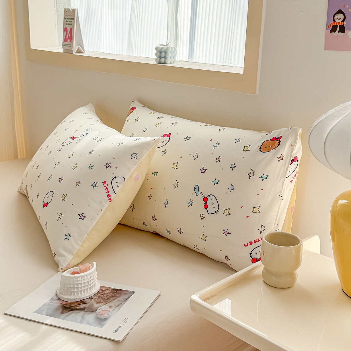 91家纺网 家纺一手货源 找家纺 小蓝孩家纺 2026新款12868全棉单人信封枕套(联系商家可打折，尺寸可定制) 星星凯蒂猫