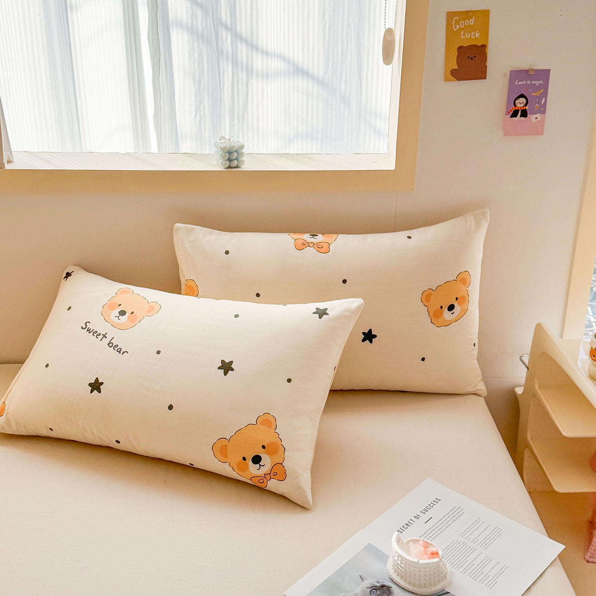 小蓝孩家纺 2026新款12868全棉单人信封枕套(联系商家可打折，尺寸可定制) 领结熊宝