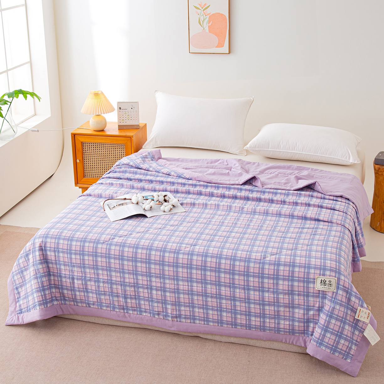 91家纺网 家纺一手货源 找家纺 美之润家纺 2026新款A类无印风100%新疆棉花夏被纯棉夏凉被空调被子薄被芯棉花 简月紫