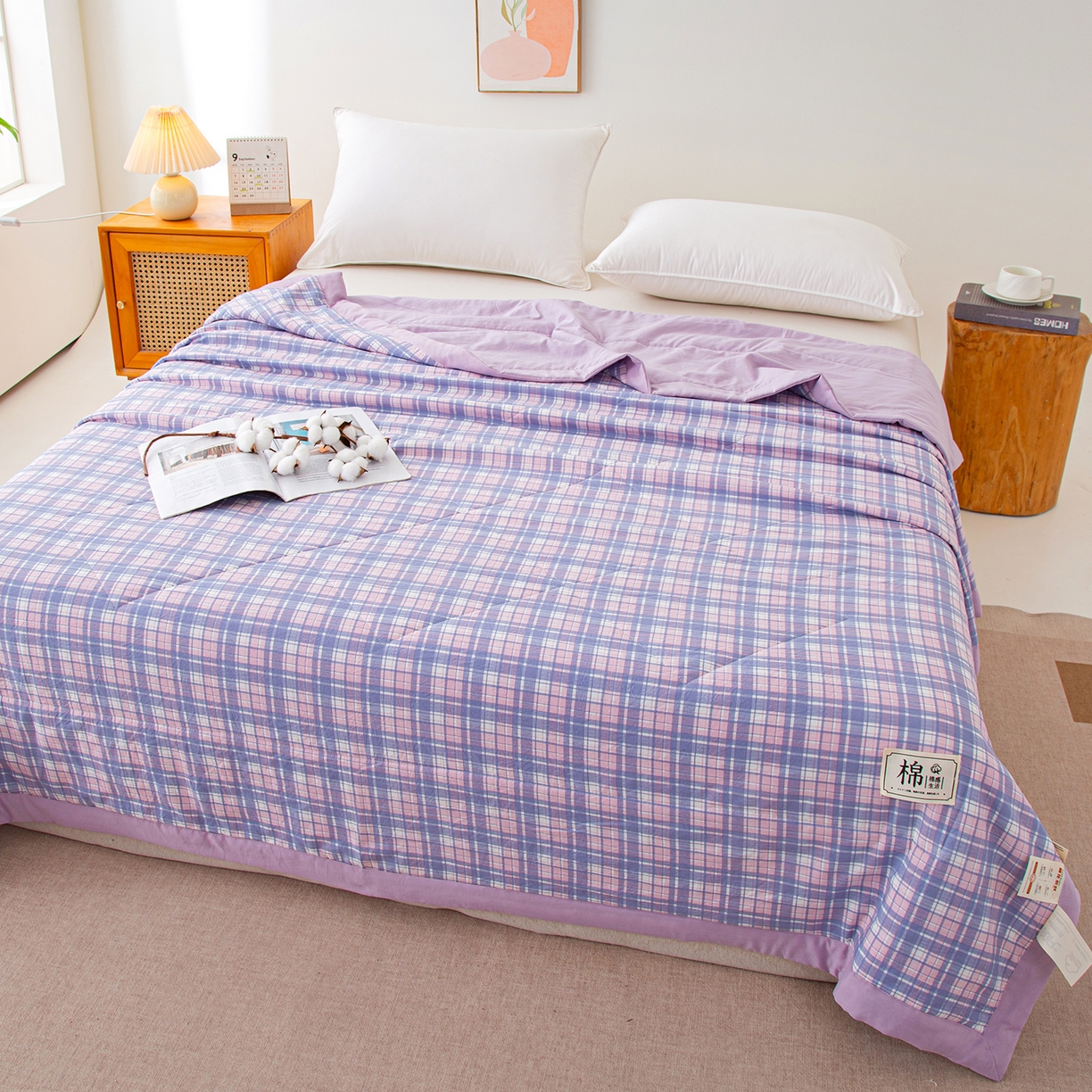 91家纺网 家纺一手货源 找家纺 美之润家纺 2026新款A类无印风100%新疆棉花夏被纯棉夏凉被空调被子薄被芯棉花 简月紫