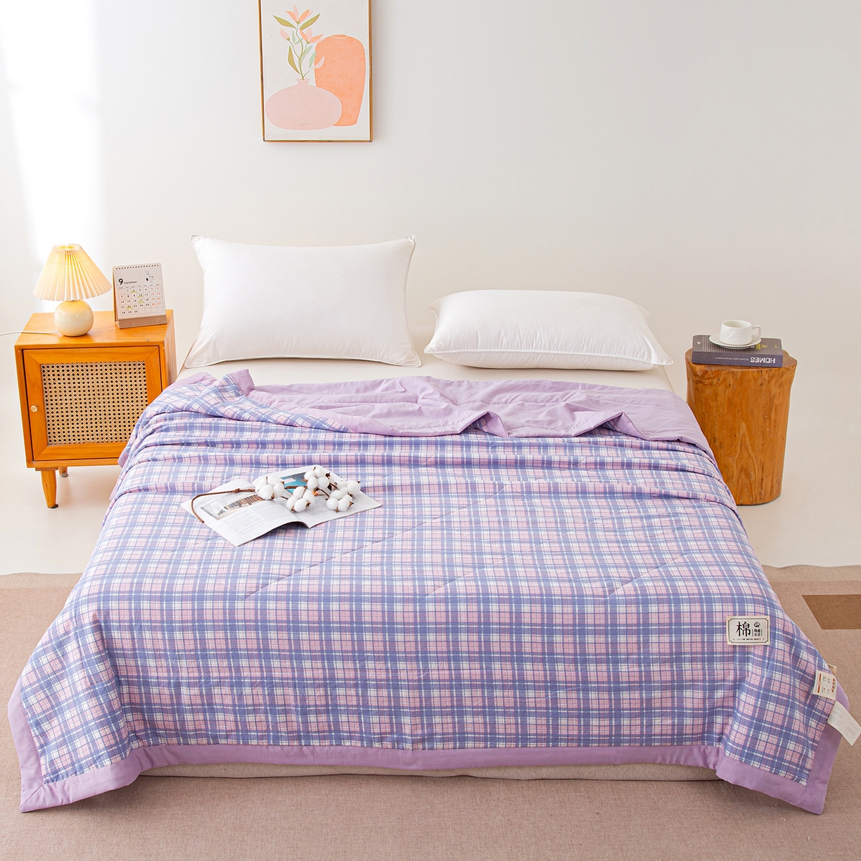 91家纺网 家纺一手货源 找家纺 美之润家纺 2026新款A类无印风100%新疆棉花夏被纯棉夏凉被空调被子薄被芯棉花 简月紫