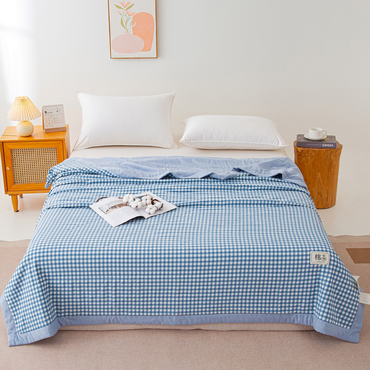 91家纺网 家纺一手货源 找家纺 美之润家纺 2026新款A类无印风100%新疆棉花夏被纯棉夏凉被空调被子薄被芯棉花 水蓝小格