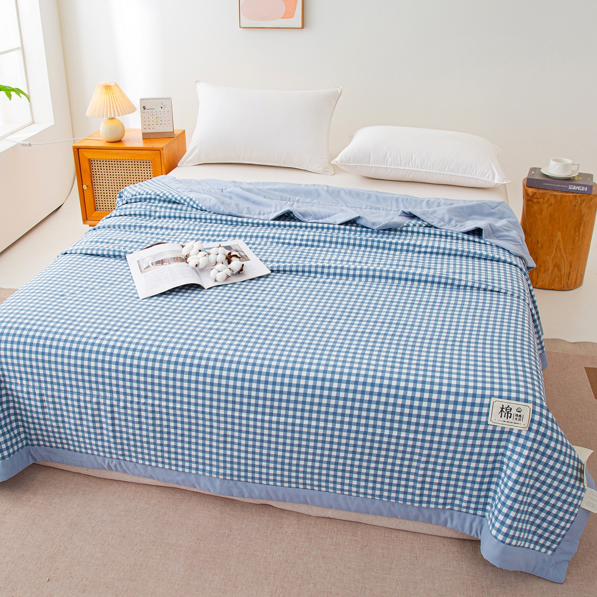 91家纺网 家纺一手货源 找家纺 美之润家纺 2026新款A类无印风100%新疆棉花夏被纯棉夏凉被空调被子薄被芯棉花 水蓝小格