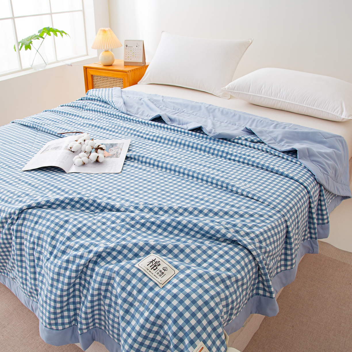 91家纺网 家纺一手货源 找家纺 美之润家纺 2026新款A类无印风100%新疆棉花夏被纯棉夏凉被空调被子薄被芯棉花 水蓝小格