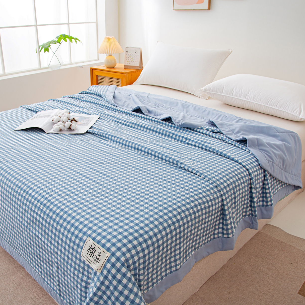 91家纺网 家纺一手货源 找家纺 美之润家纺 2026新款A类无印风100%新疆棉花夏被纯棉夏凉被空调被子薄被芯棉花 水蓝小格