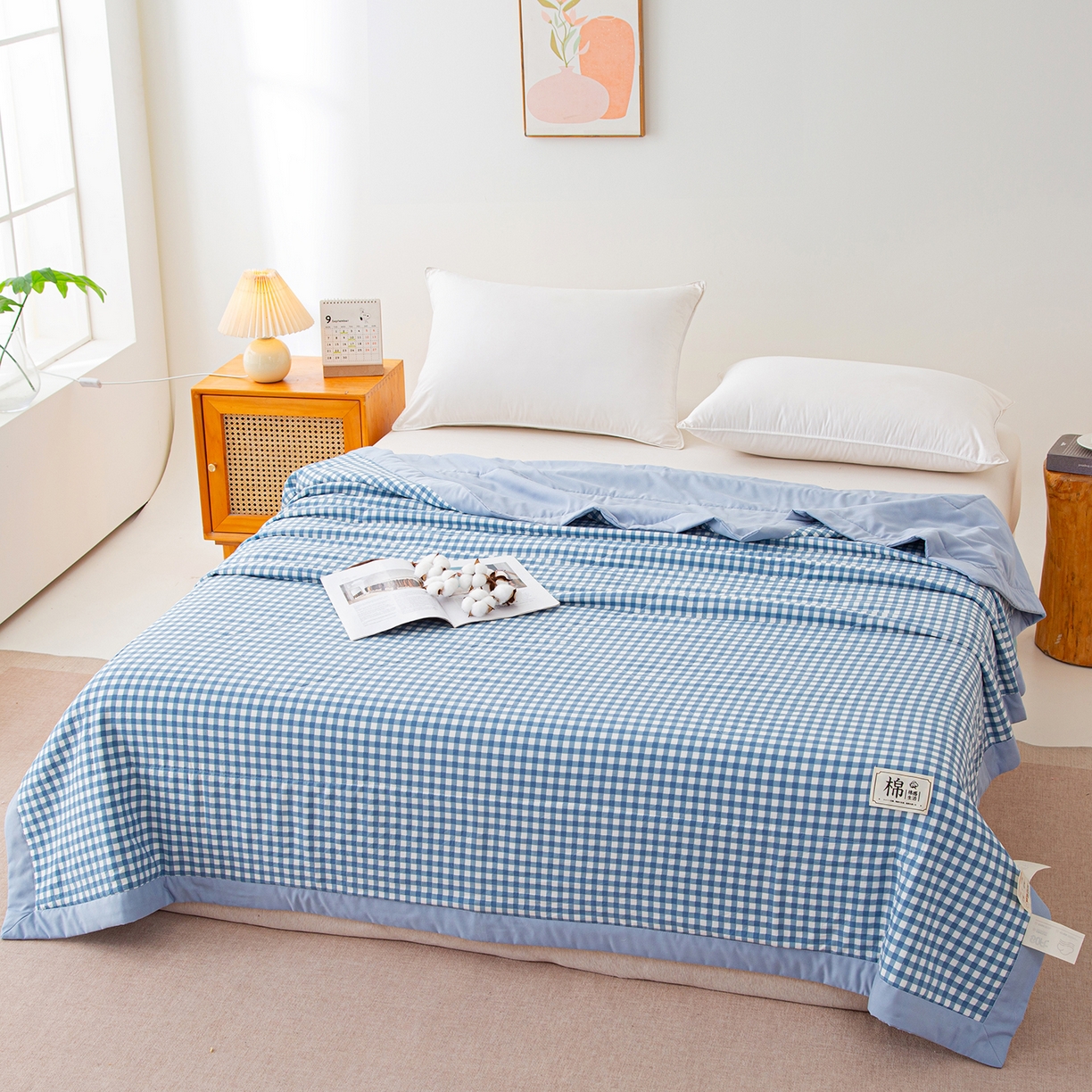 91家纺网 家纺一手货源 找家纺 美之润家纺 2026新款A类无印风100%新疆棉花夏被纯棉夏凉被空调被子薄被芯棉花 水蓝小格