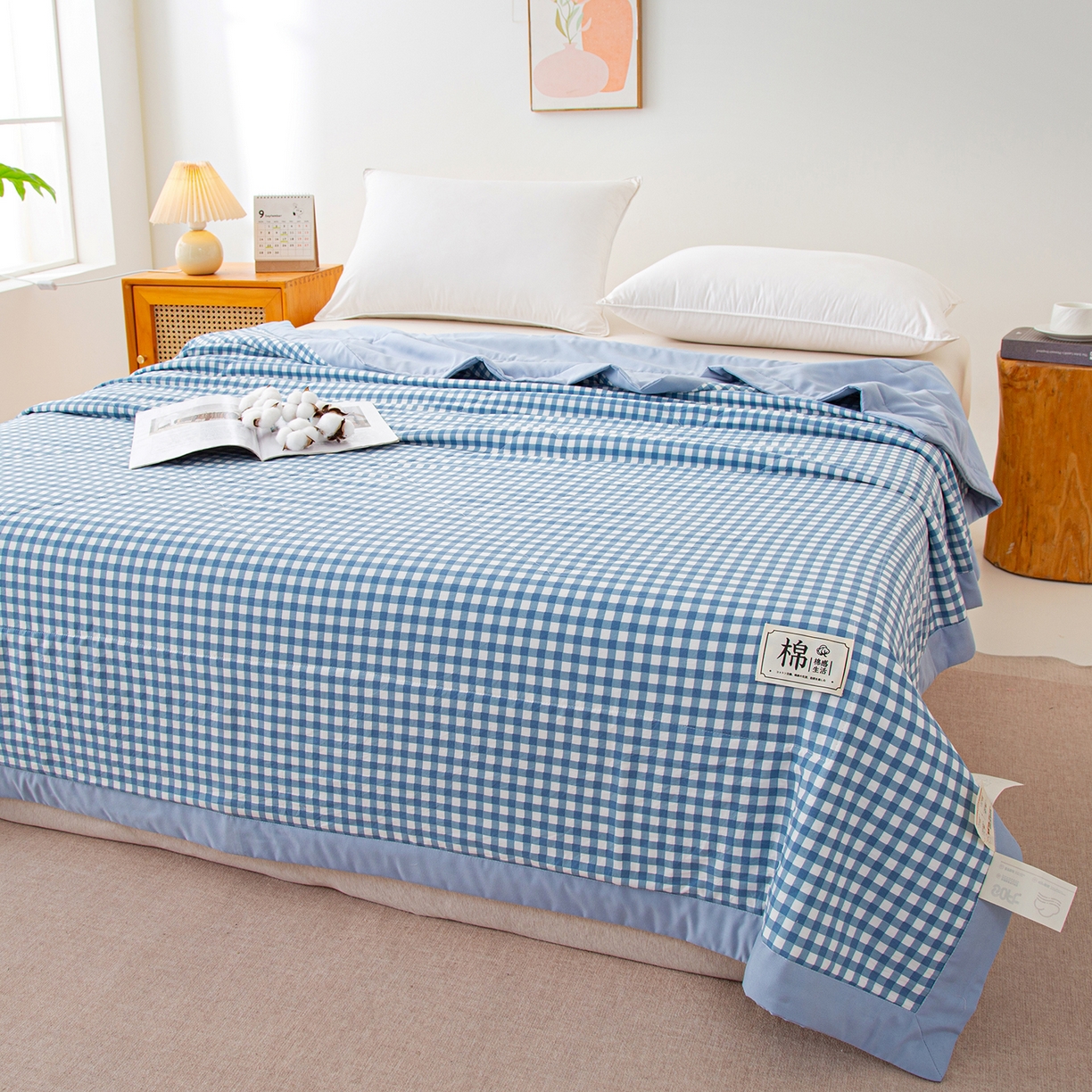 91家纺网 家纺一手货源 找家纺 美之润家纺 2026新款A类无印风100%新疆棉花夏被纯棉夏凉被空调被子薄被芯棉花 水蓝小格