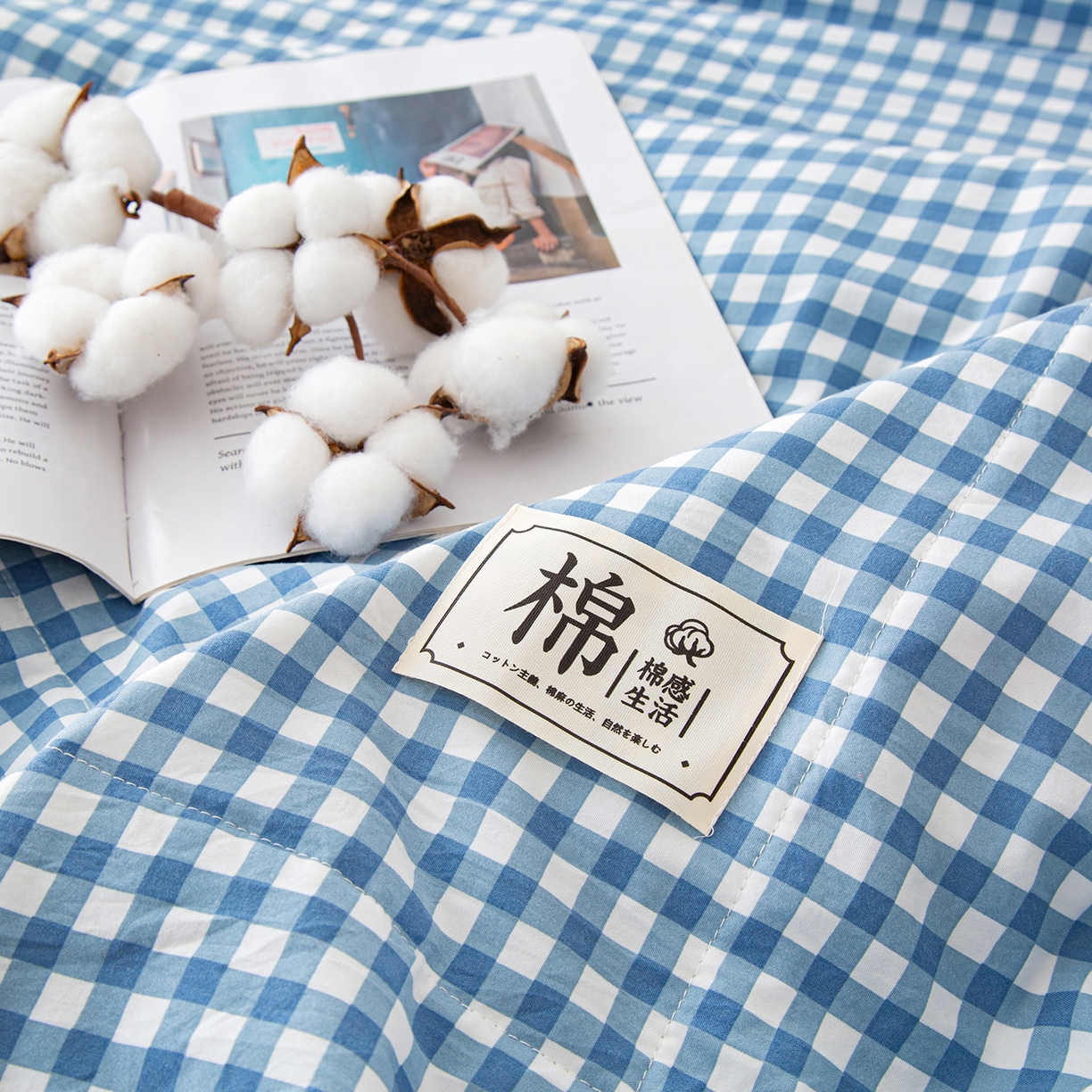 91家纺网 家纺一手货源 找家纺 美之润家纺 2026新款A类无印风100%新疆棉花夏被纯棉夏凉被空调被子薄被芯棉花 水蓝小格