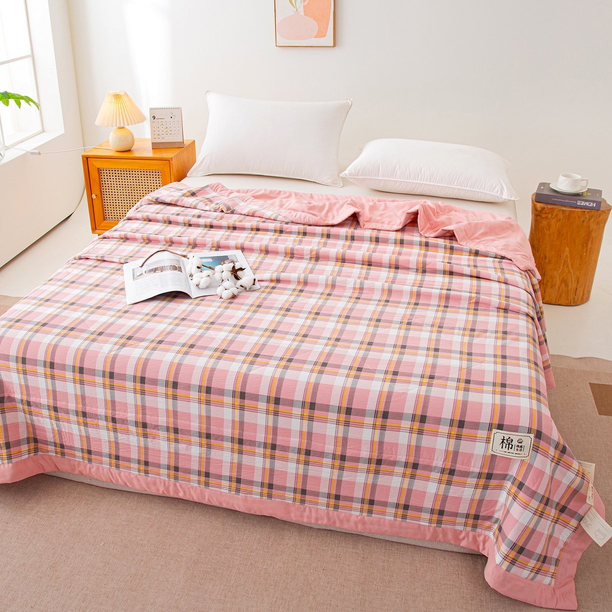 91家纺网 家纺一手货源 找家纺 美之润家纺 2026新款A类无印风100%新疆棉花夏被纯棉夏凉被空调被子薄被芯棉花 中格粉