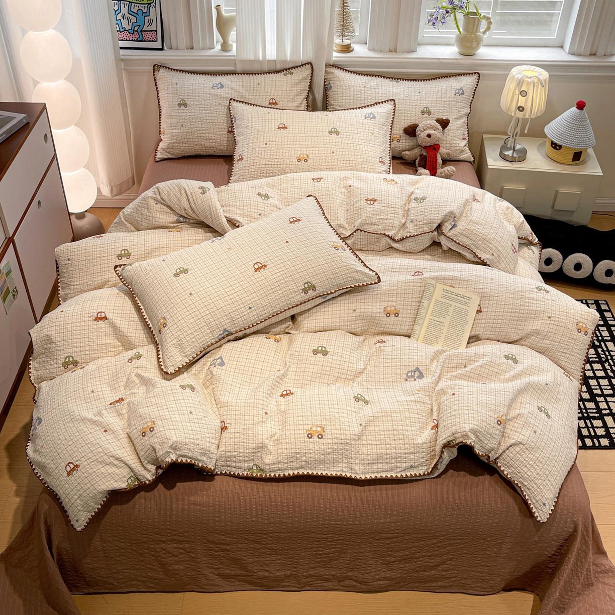 仟网汇 2026新款云感泡芙棉小清新印花贝壳边四件套 小汽车