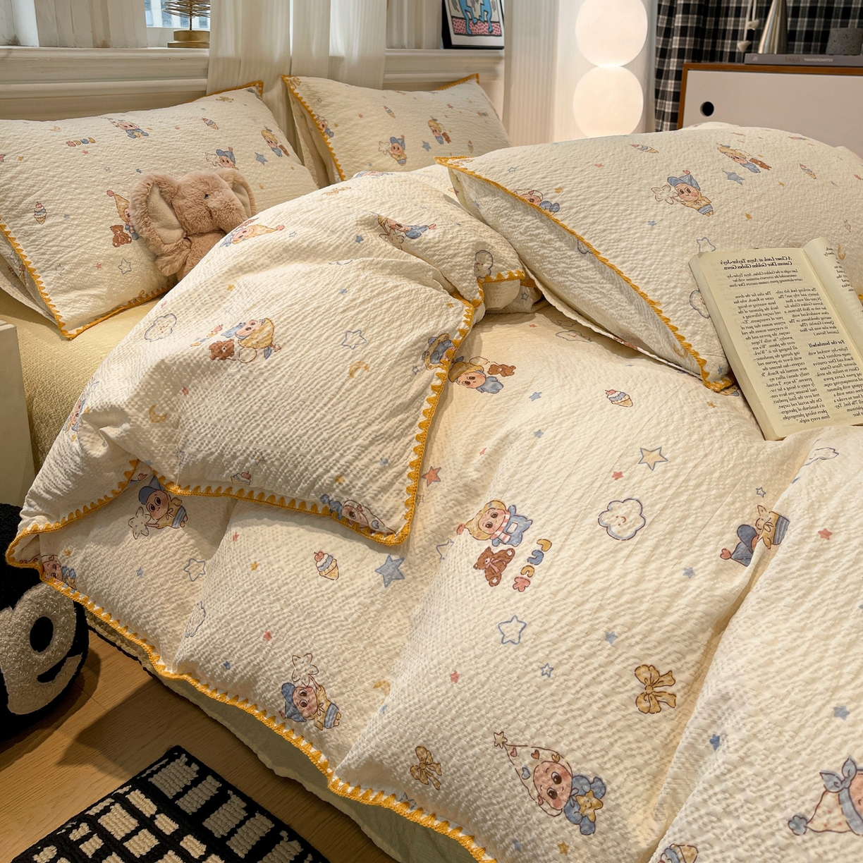 91家纺网 家纺一手货源 找家纺 仟网汇 2026新款云感泡芙棉小清新印花贝壳边四件套 摇摇星人