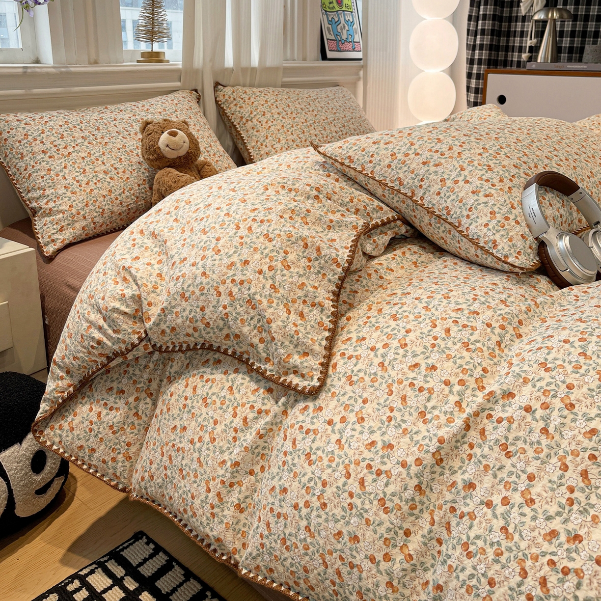 91家纺网 家纺一手货源 找家纺 仟网汇 2026新款云感泡芙棉小清新印花贝壳边四件套 青涩樱桃