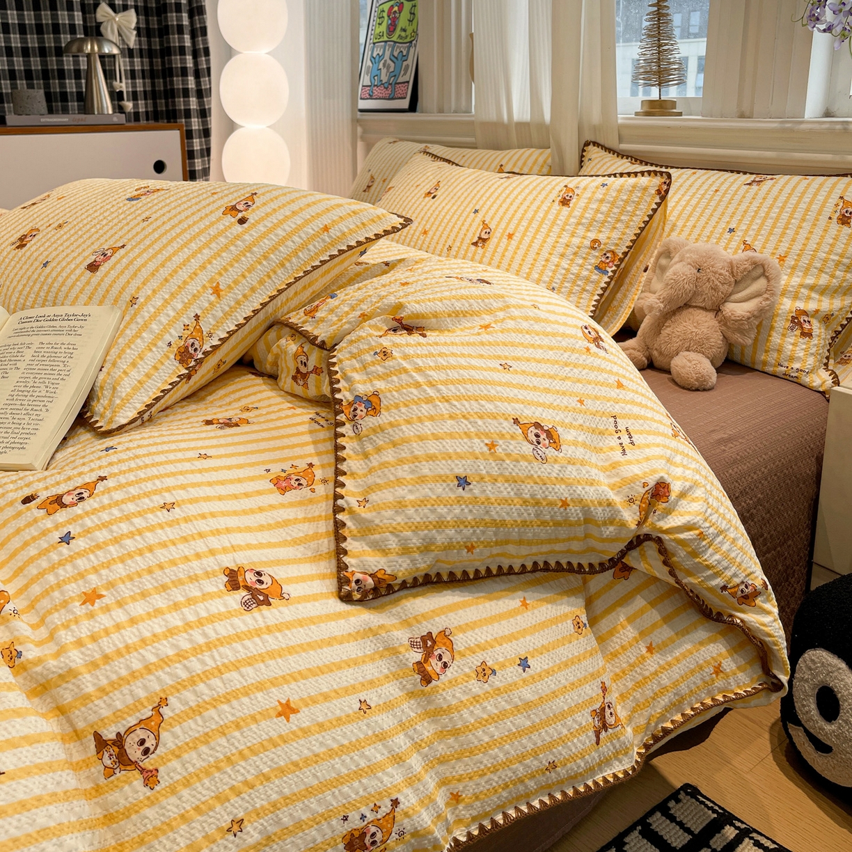 91家纺网 家纺一手货源 找家纺 仟网汇 2026新款云感泡芙棉小清新印花贝壳边四件套 哈喽星人