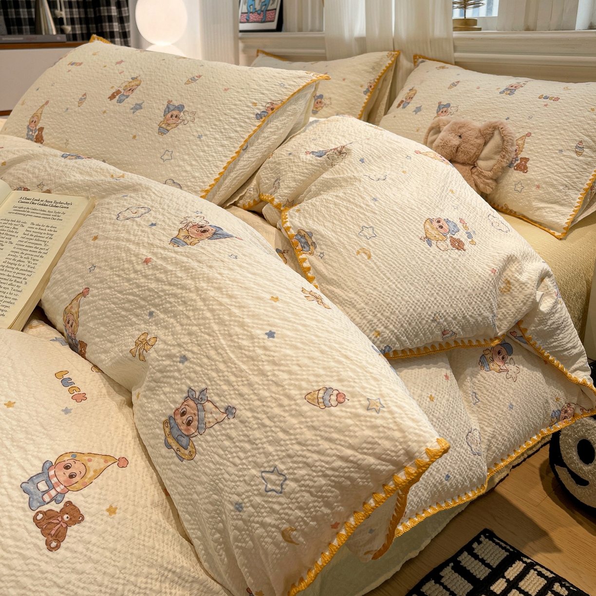 91家纺网 家纺一手货源 找家纺 仟网汇 2026新款云感泡芙棉小清新印花贝壳边四件套 摇摇星人