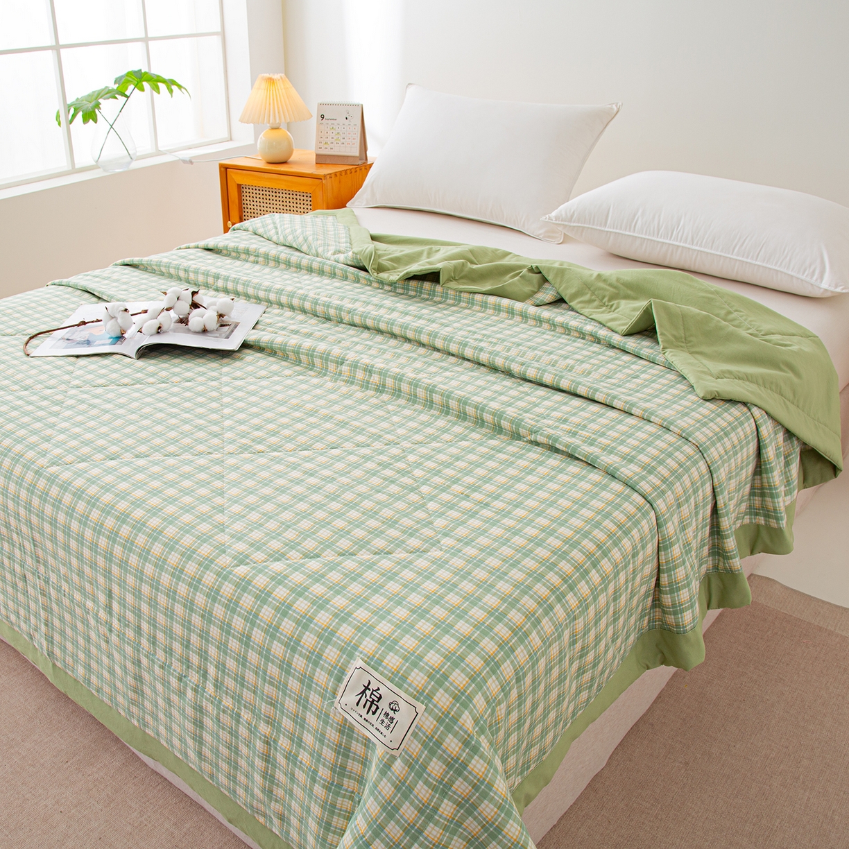 91家纺网 家纺一手货源 找家纺 美之润家纺 2026新款A类无印风100%新疆棉花夏被纯棉夏凉被空调被子薄被芯棉花 中格绿