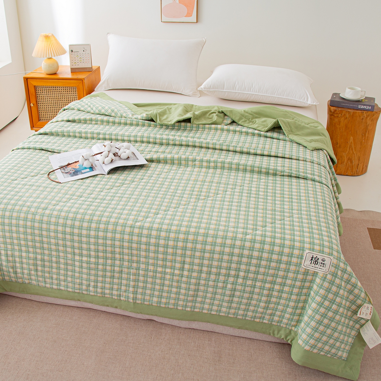 91家纺网 家纺一手货源 找家纺 美之润家纺 2026新款A类无印风100%新疆棉花夏被纯棉夏凉被空调被子薄被芯棉花 中格绿