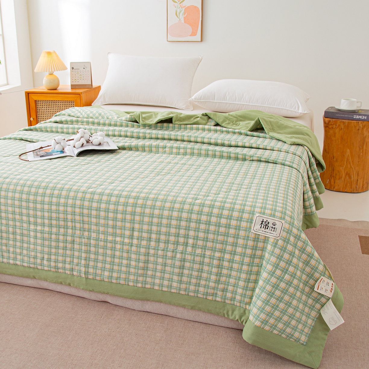 91家纺网 家纺一手货源 找家纺 美之润家纺 2026新款A类无印风100%新疆棉花夏被纯棉夏凉被空调被子薄被芯棉花 中格绿