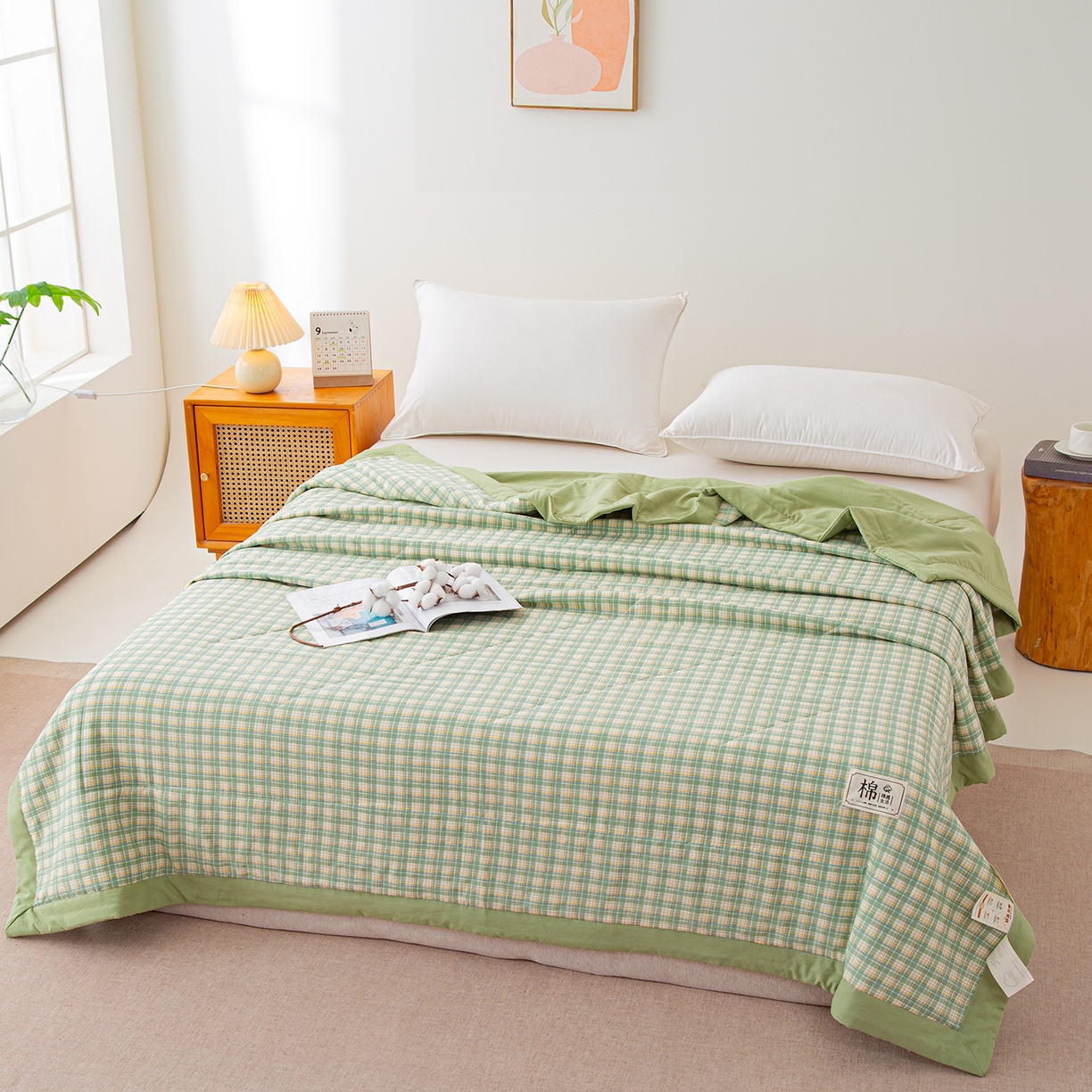 91家纺网 家纺一手货源 找家纺 美之润家纺 2026新款A类无印风100%新疆棉花夏被纯棉夏凉被空调被子薄被芯棉花 中格绿