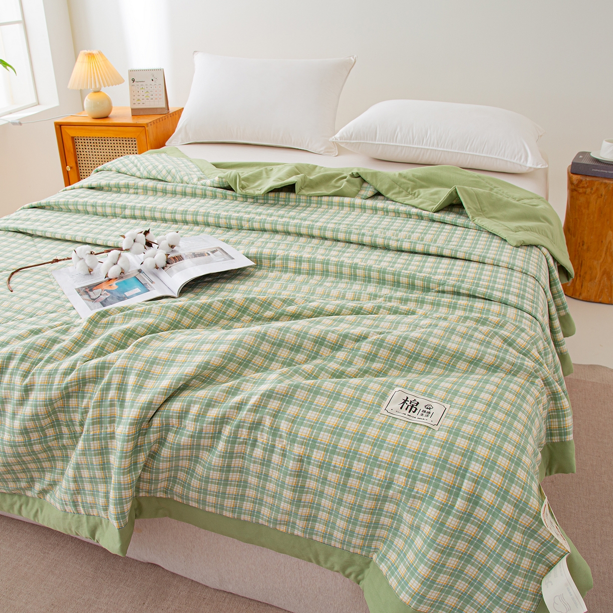 91家纺网 家纺一手货源 找家纺 美之润家纺 2026新款A类无印风100%新疆棉花夏被纯棉夏凉被空调被子薄被芯棉花 中格绿