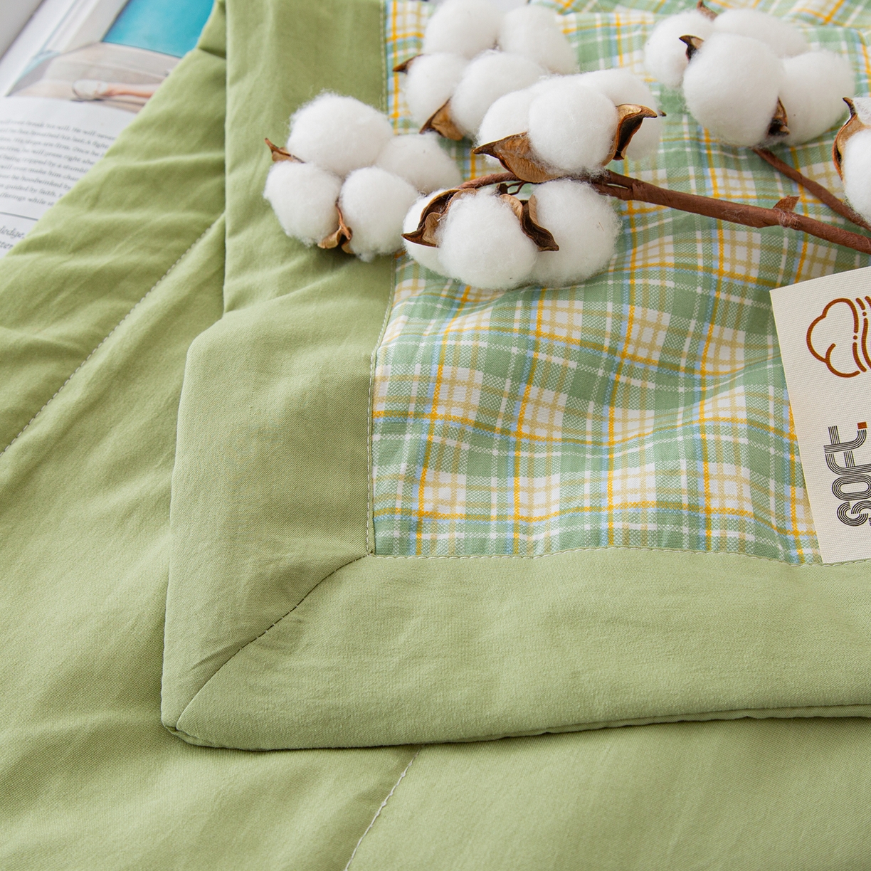 91家纺网 家纺一手货源 找家纺 美之润家纺 2026新款A类无印风100%新疆棉花夏被纯棉夏凉被空调被子薄被芯棉花 中格绿