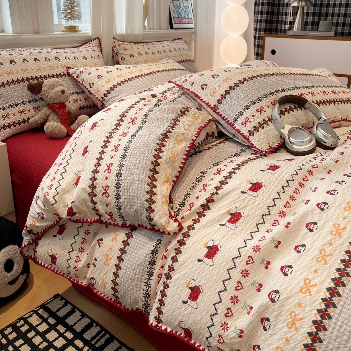 91家纺网 家纺一手货源 找家纺 仟网汇 2026新款云感泡芙棉小清新印花贝壳边四件套 费尔岛小狗