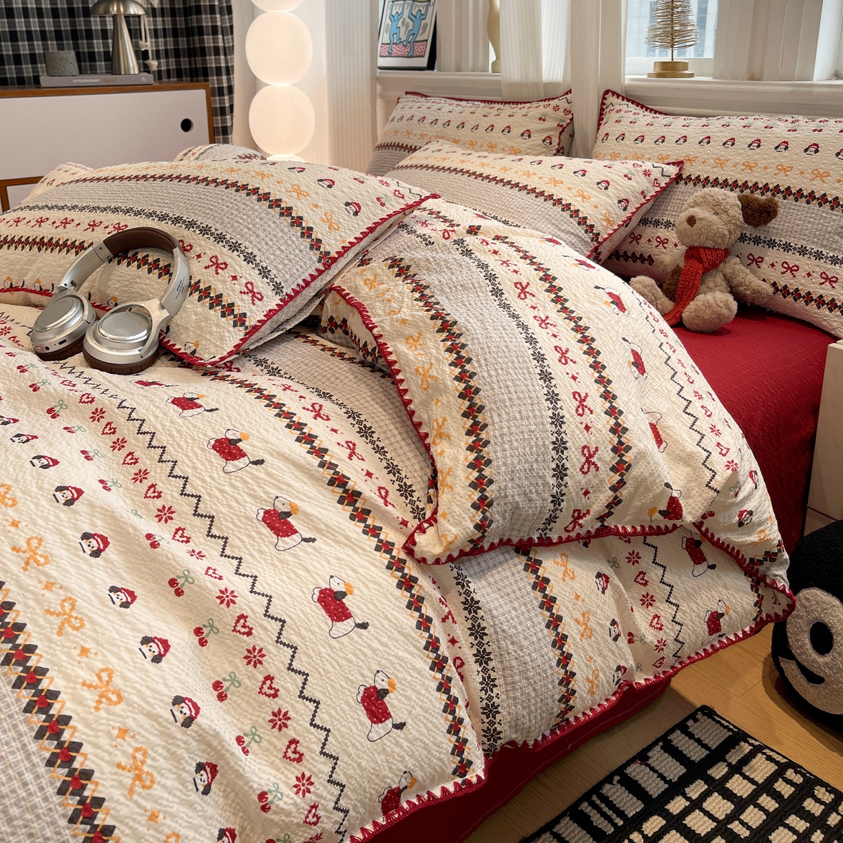 91家纺网 家纺一手货源 找家纺 仟网汇 2026新款云感泡芙棉小清新印花贝壳边四件套 费尔岛小狗