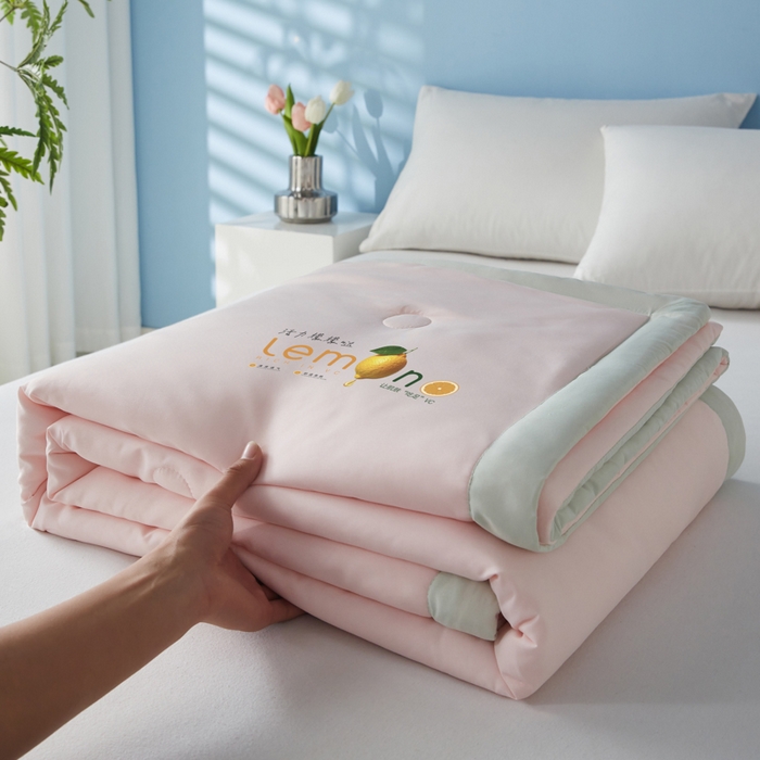 91家纺网 家纺一手货源 找家纺 帕芬鸟家纺 2026新款柠檬大豆夏被 柠檬-香妃粉