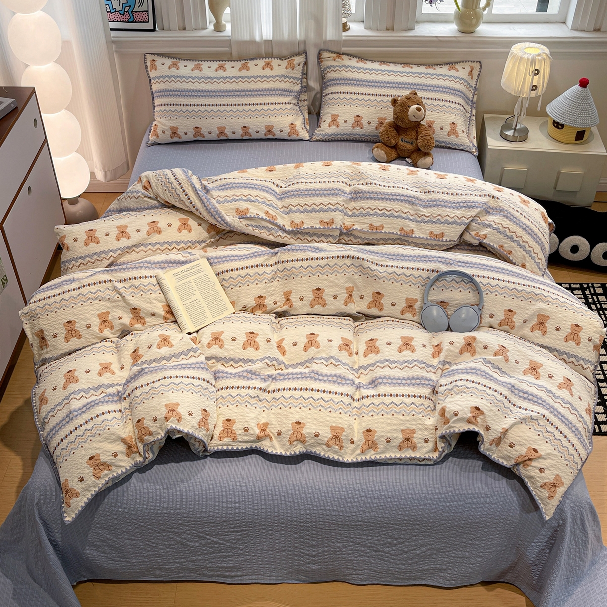 仟网汇 2026新款云感泡芙棉小清新印花贝壳边四件套 萌趣小熊